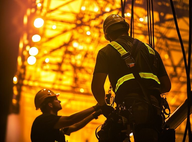 Specialist rigging safety management for live events and concerts Event safety consultant supervising lighting rigging at uk concert venue