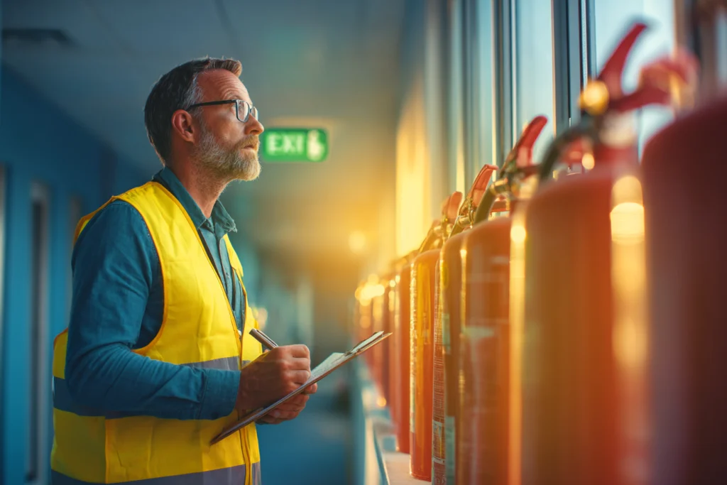 Health and safety advisor inspecting fire extinguishers and fire exits in an office workspace