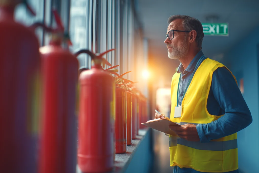 Health and safety advisor inspecting fire extinguishers and fire exits in an office workspace