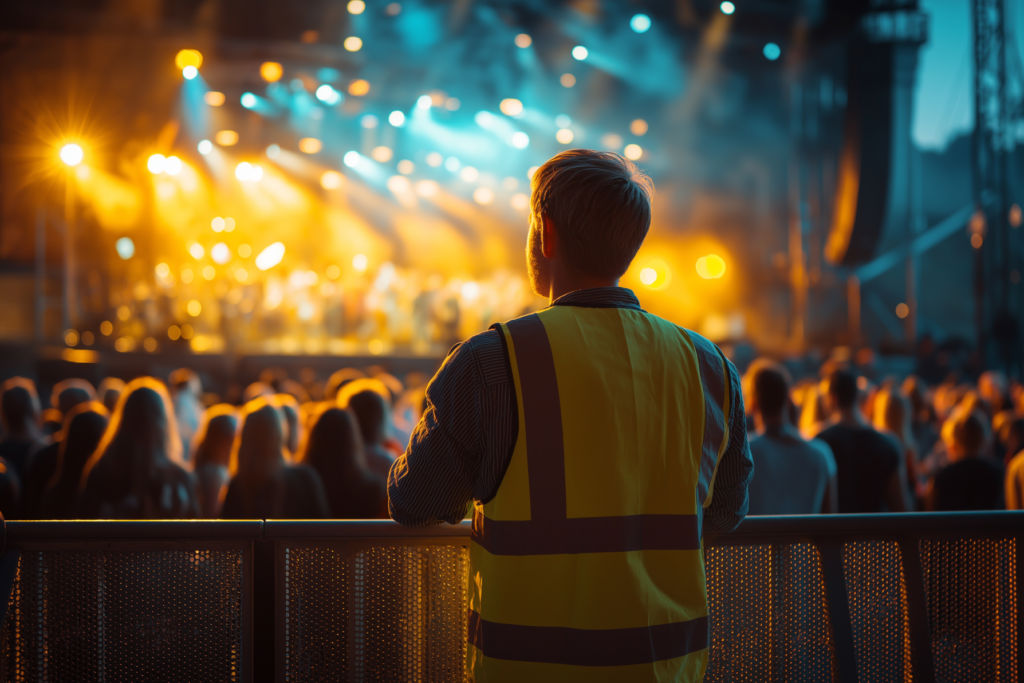 Health and safety officer conducting safety induction for staff at large event venue