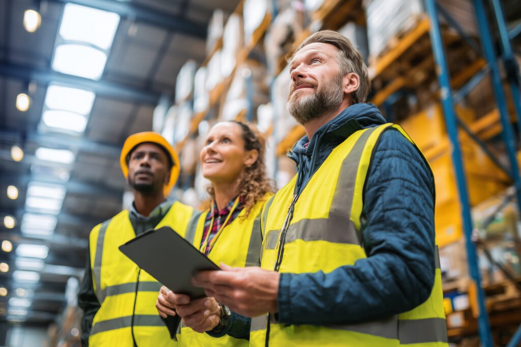 Health and safety consultancy person discussing risk assessment criteria with warehouse workers